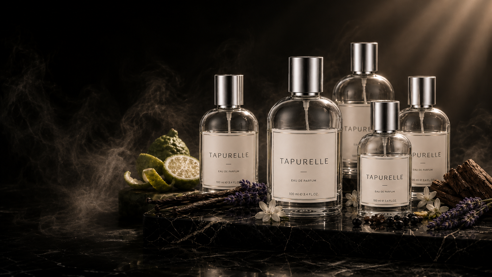 A cinematic arrangement of the Tapurelle signature fragrance collection with white labels